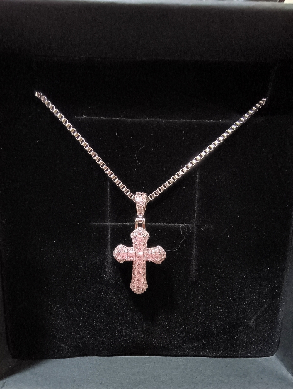 Pink Crystal Cross Pendant Necklace in Sterling Finish